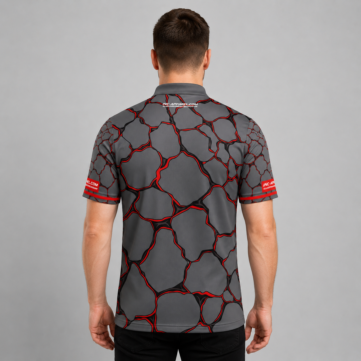 Back view of the Men and Youth Saxosus red darts shirt, showing the clean continuation of the premium graphic athletic pattern across the back.