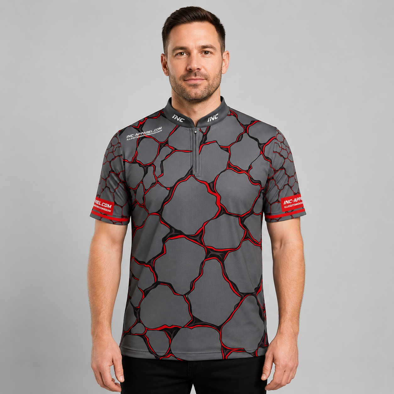 Front view of the Men and Youth Saxosus red darts shirt, featuring a dynamic and bold athletic jersey design in vibrant shades of red.