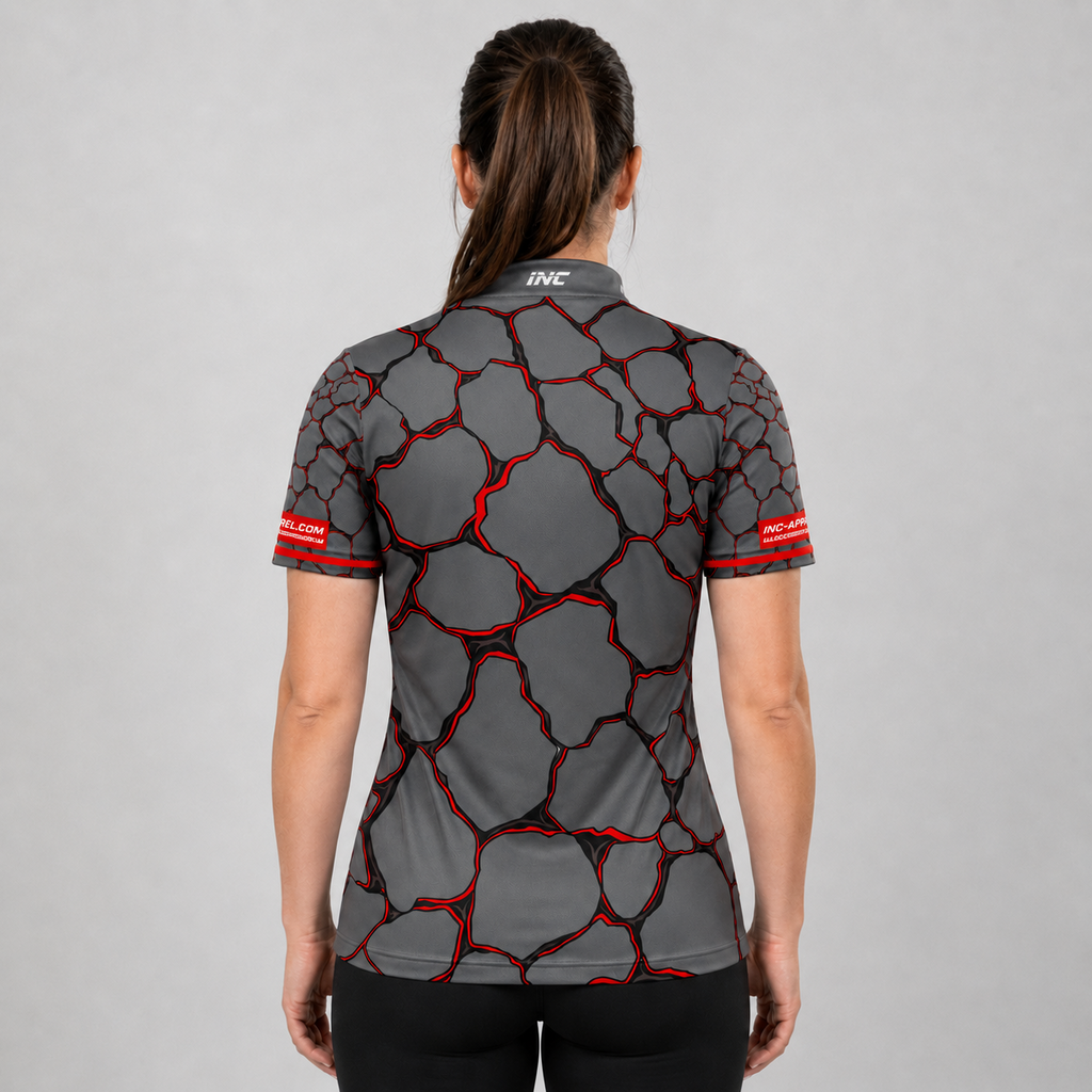 Back view of the Womens Saxosus red darts shirt, showing the clean continuation of the bold graphic athletic pattern across the back.