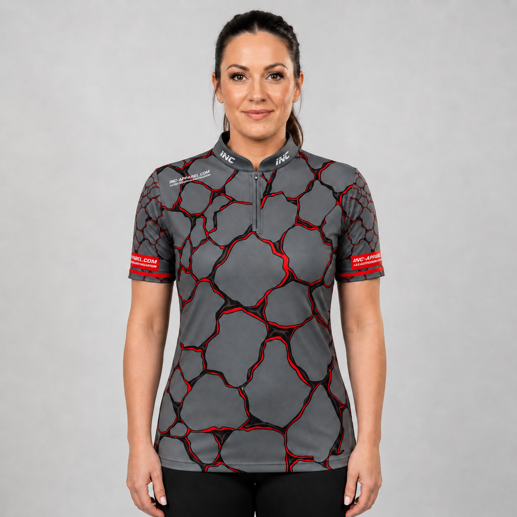 Front view of the Womens Saxosus red darts shirt, featuring a custom tailored athletic jersey design in vibrant shades of red.