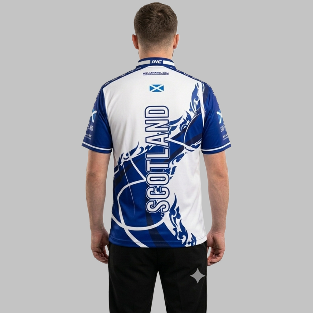 Back view of the Men and Youth Scotland custom darts and pool shirt, highlighting the clean layout optimized for custom player name and number personalization.
