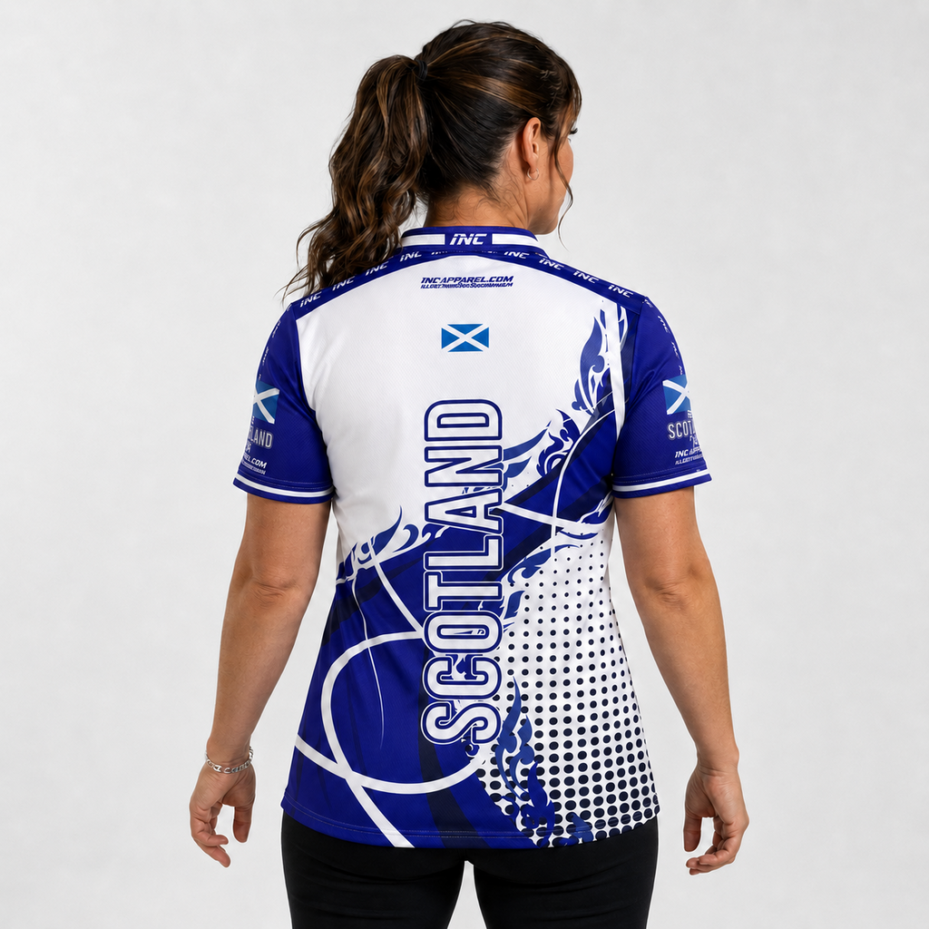 Back view of the Womens Scotland custom darts and pool shirt, showing the clean layout ready for custom Scottish player name and number personalization.