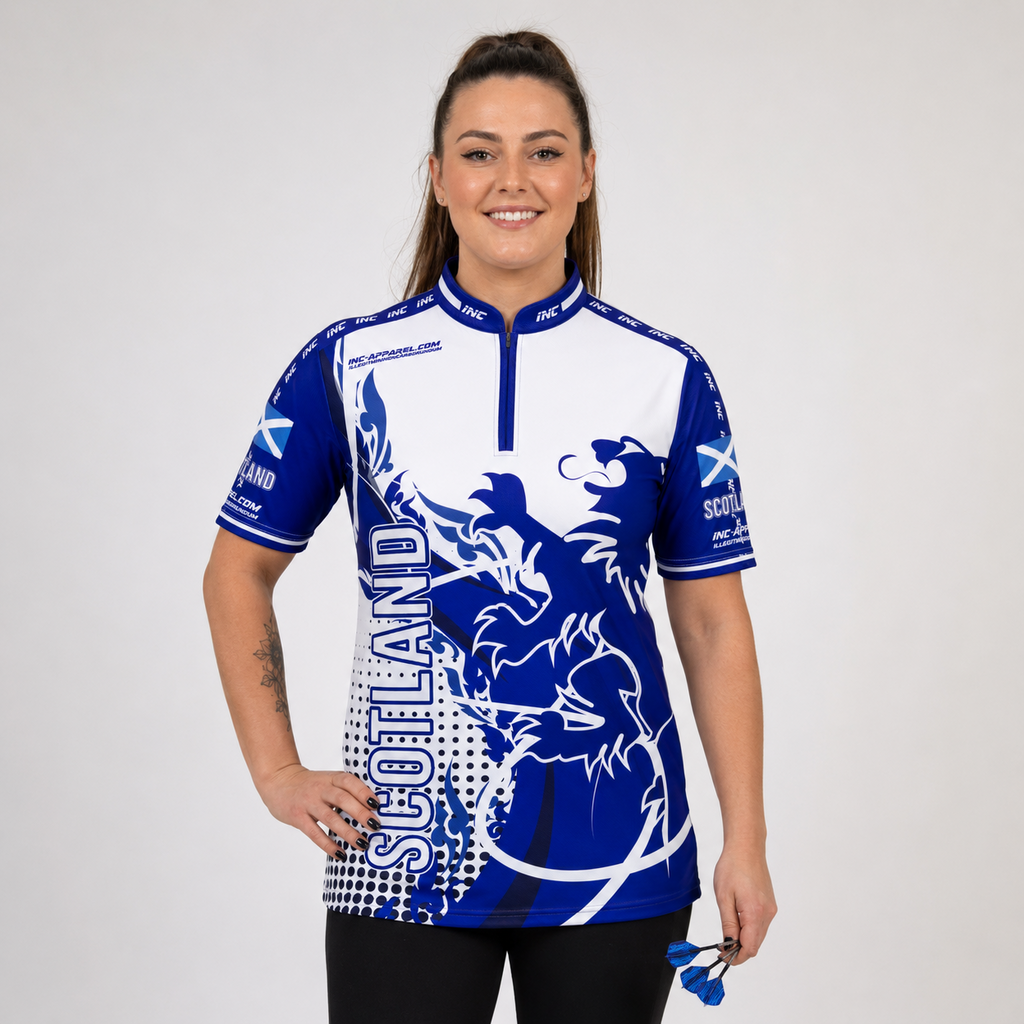Front view of the Womens Scotland custom darts and pool shirt, featuring a tailored athletic jersey design with proud national team colors.
