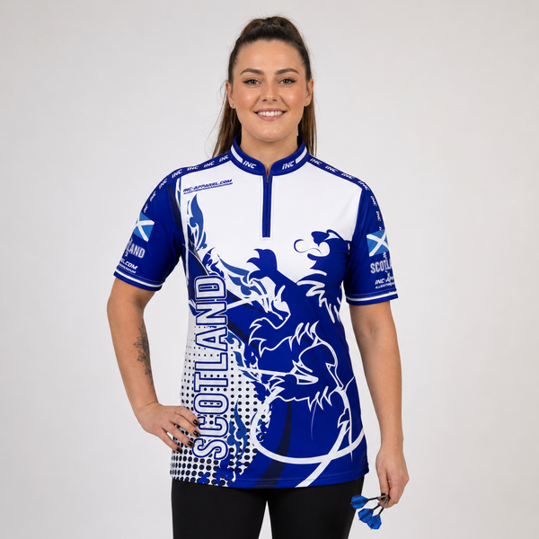 Front view of the Womens Scotland custom darts and pool shirt, featuring a tailored athletic jersey design with proud national team colors.