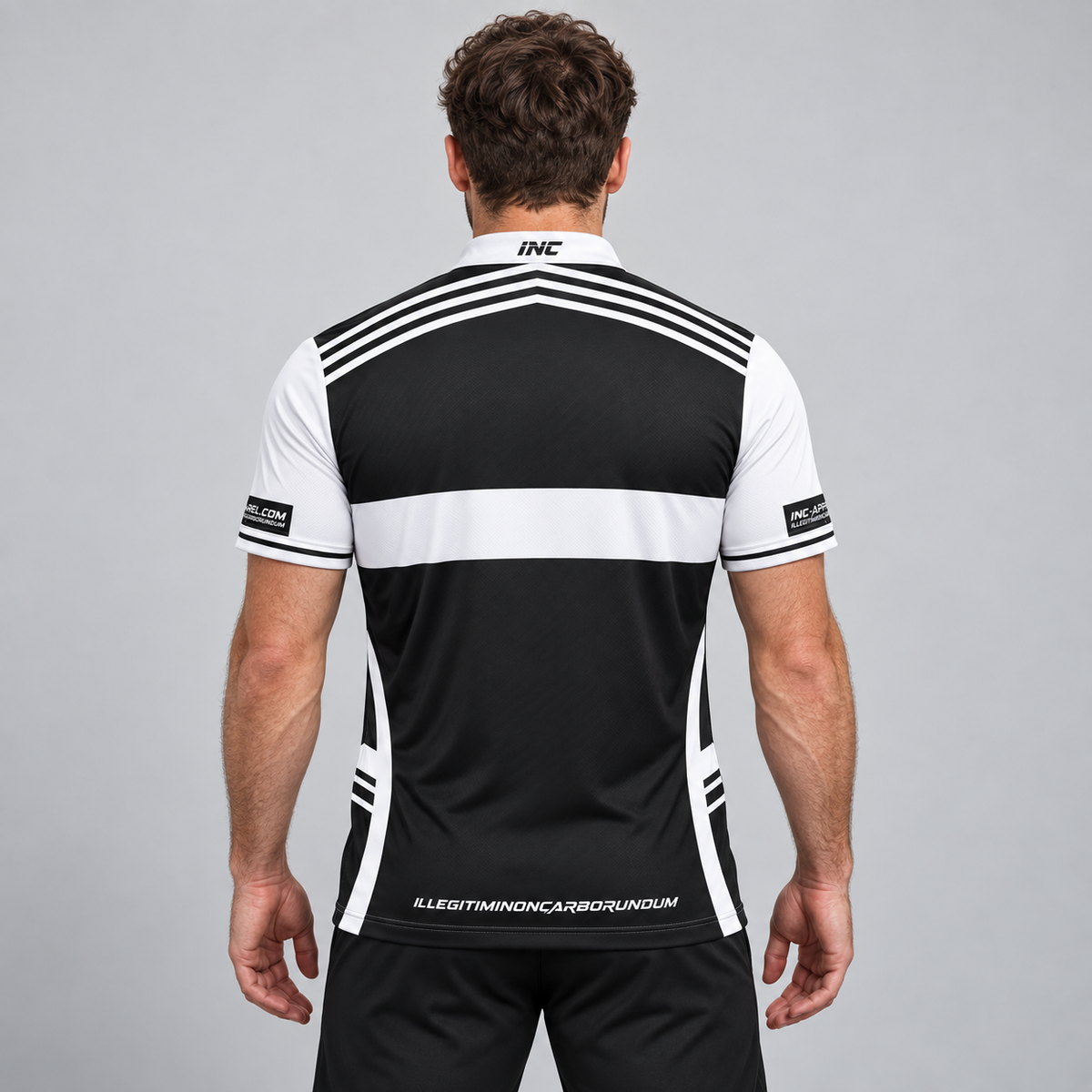 Back view of the Somniare Men and Youth Black and White Darts and Pool Shirt, highlighting the breathable rear paneling and flexible shoulder construction for unrestricted movement.