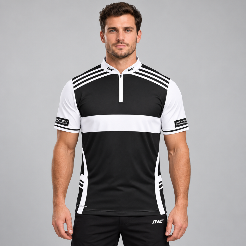 Front view of the Somniare Men and Youth Black and White Darts and Pool Shirt, showcasing the bold contrast panel design, athletic silhouette, and structured collar.