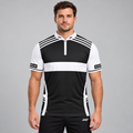 Front view of the Somniare Men and Youth Black and White Darts and Pool Shirt, showcasing the bold contrast panel design, athletic silhouette, and structured collar.
