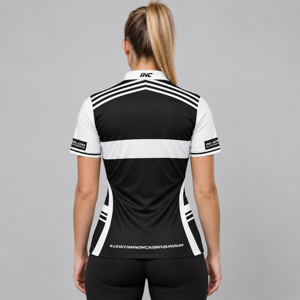 Back view of the Somniare Women's Black and White Darts and Pool Shirt, highlighting the breathable contoured back paneling and flexible shoulder construction.