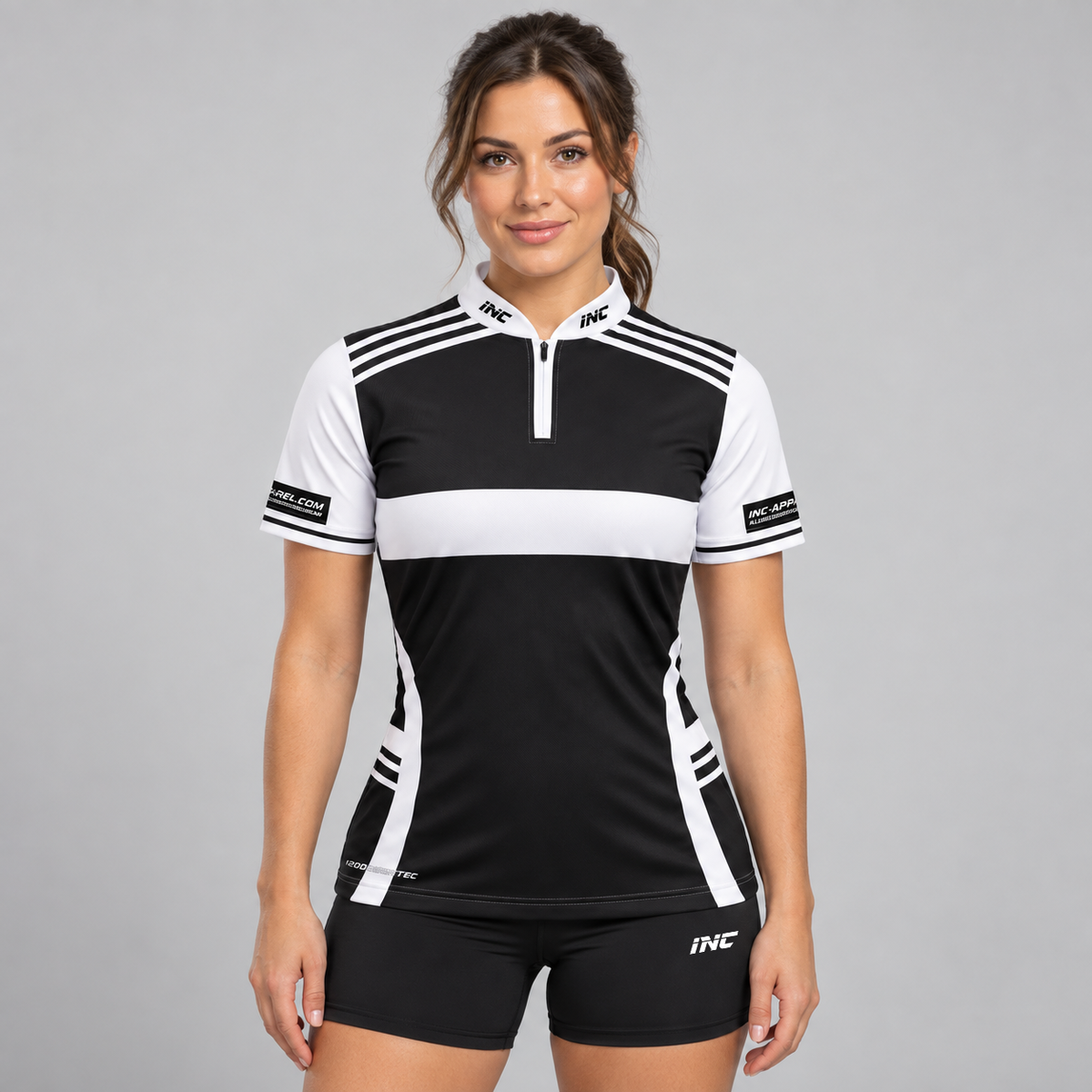 Front view of the Somniare Women's Black and White Darts and Pool Shirt, showcasing the bold contrast panel design, tailored feminine silhouette, and sleek collar.