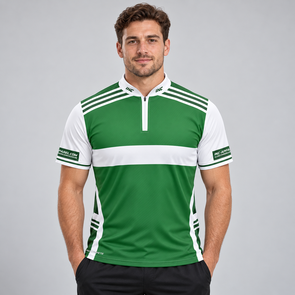 Front view of the Somniare Men and Youth Green and White Darts and Pool Shirt, showcasing the bold contrast panel design, athletic silhouette, and structured collar.