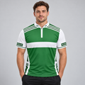 Front view of the Somniare Men and Youth Green and White Darts and Pool Shirt, showcasing the bold contrast panel design, athletic silhouette, and structured collar.