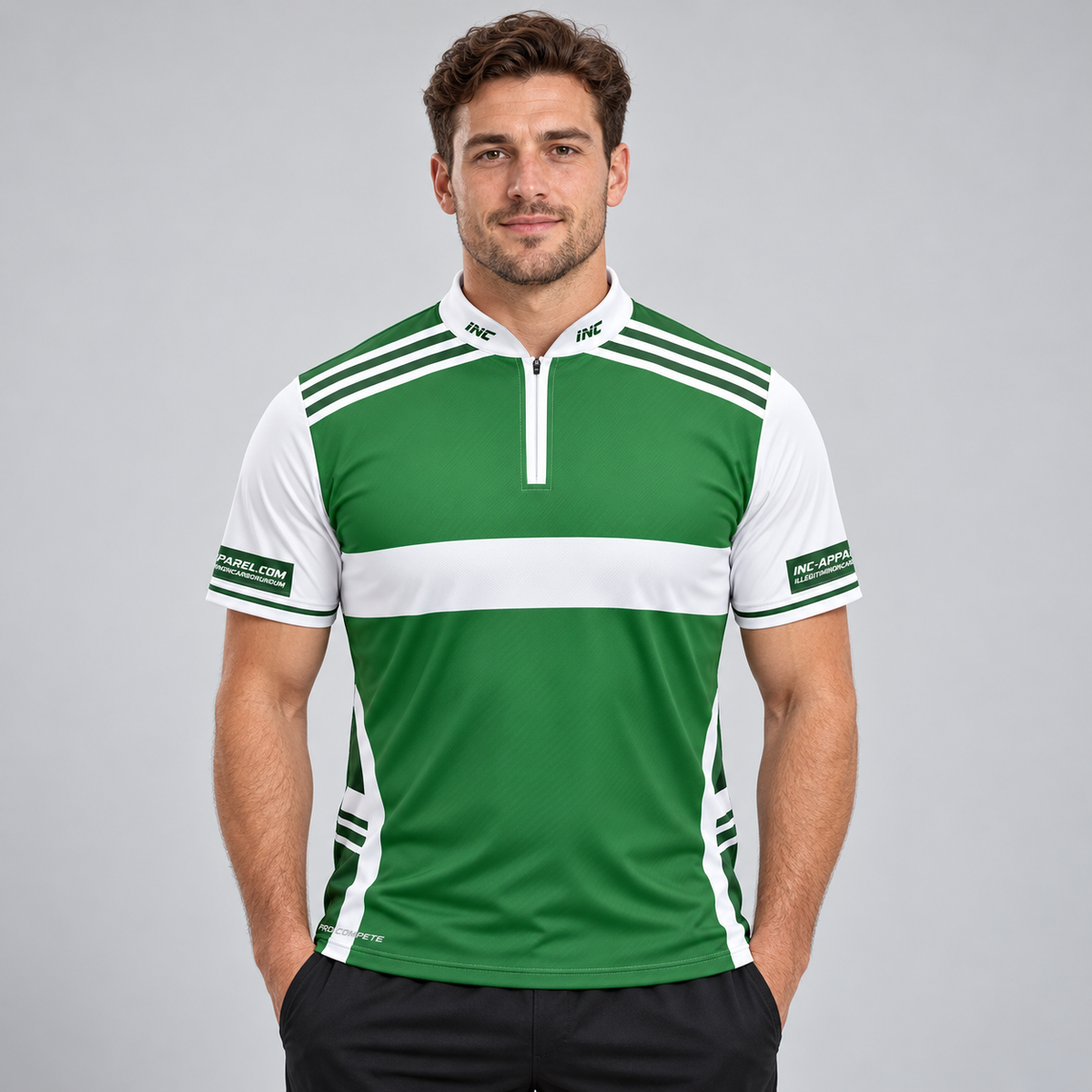Front view of the Somniare Men and Youth Green and White Darts and Pool Shirt, showcasing the bold contrast panel design, athletic silhouette, and structured collar.