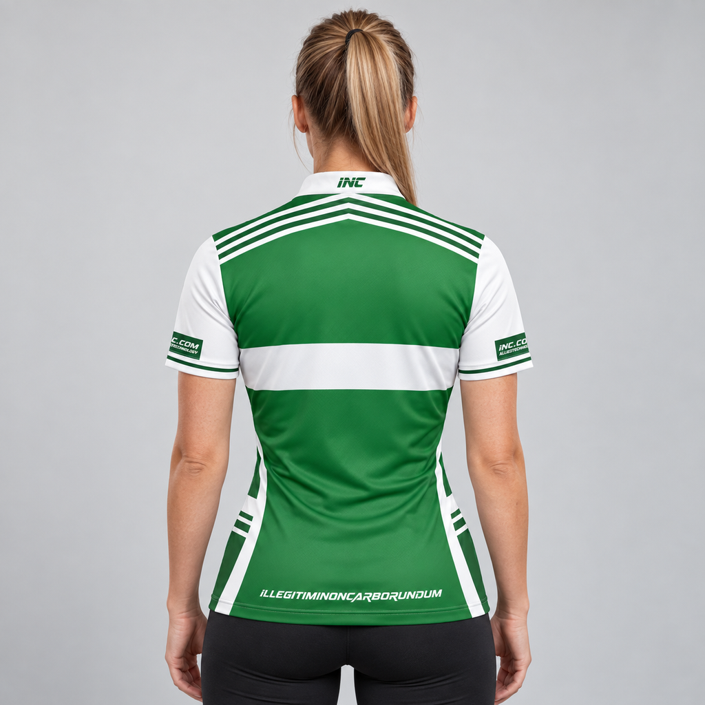 Back view of the Somniare Women's Green and White Darts and Pool Shirt, highlighting the breathable contoured back paneling and flexible shoulder construction.