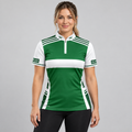 Front view of the Somniare Women's Green and White Darts and Pool Shirt, showcasing the bold contrast panel design, tailored feminine silhouette, and sleek collar.