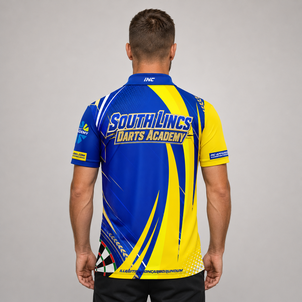 Back view of the Men and Youth South Lincs Darts Academy shirt, showing the clean, continuous flow of the sublimated team design across the shoulders.