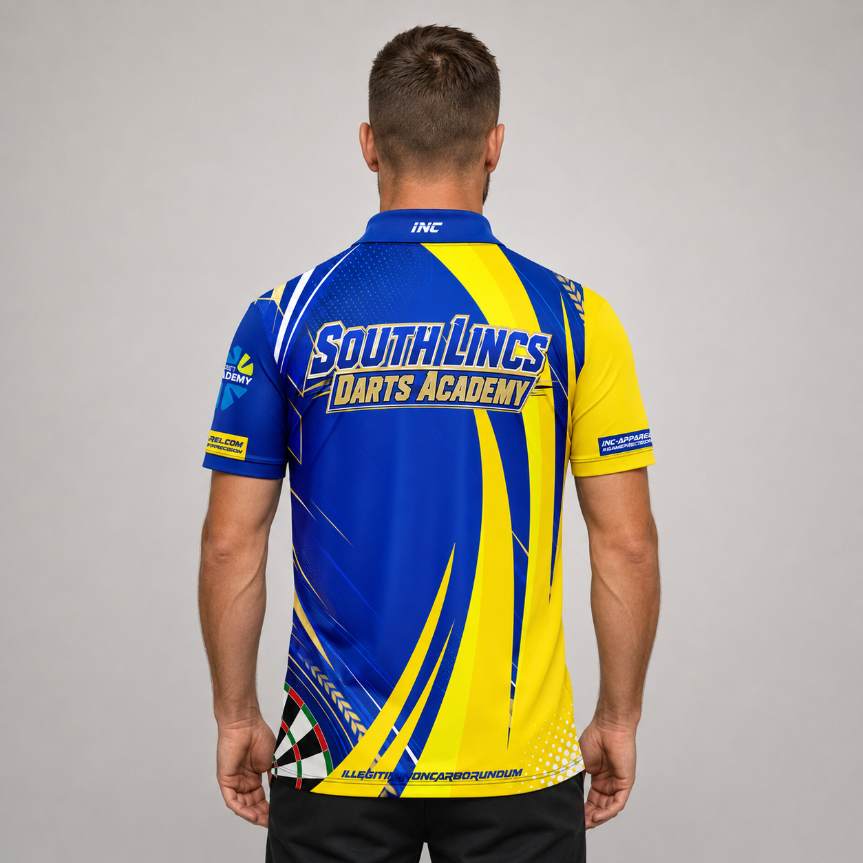 Back view of the Men and Youth South Lincs Darts Academy shirt, showing the clean, continuous flow of the sublimated team design across the shoulders.