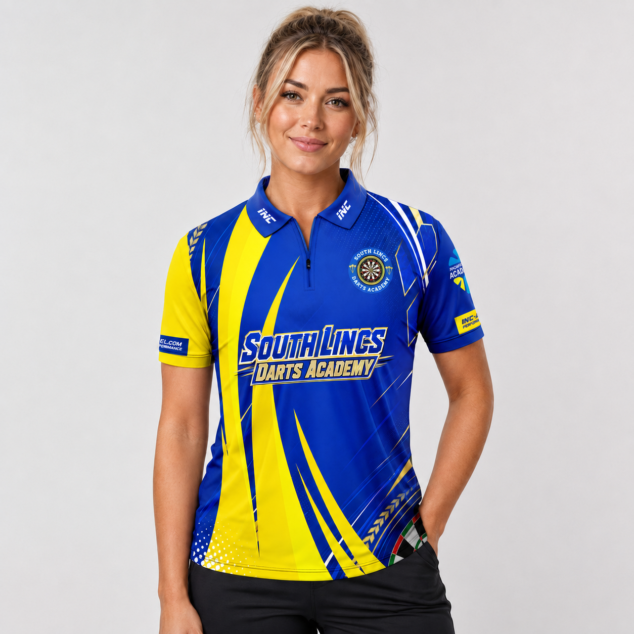 Front view of the Men and Youth South Lincs Darts Academy shirt, showcasing the professional athletic design with prominent academy branding.
