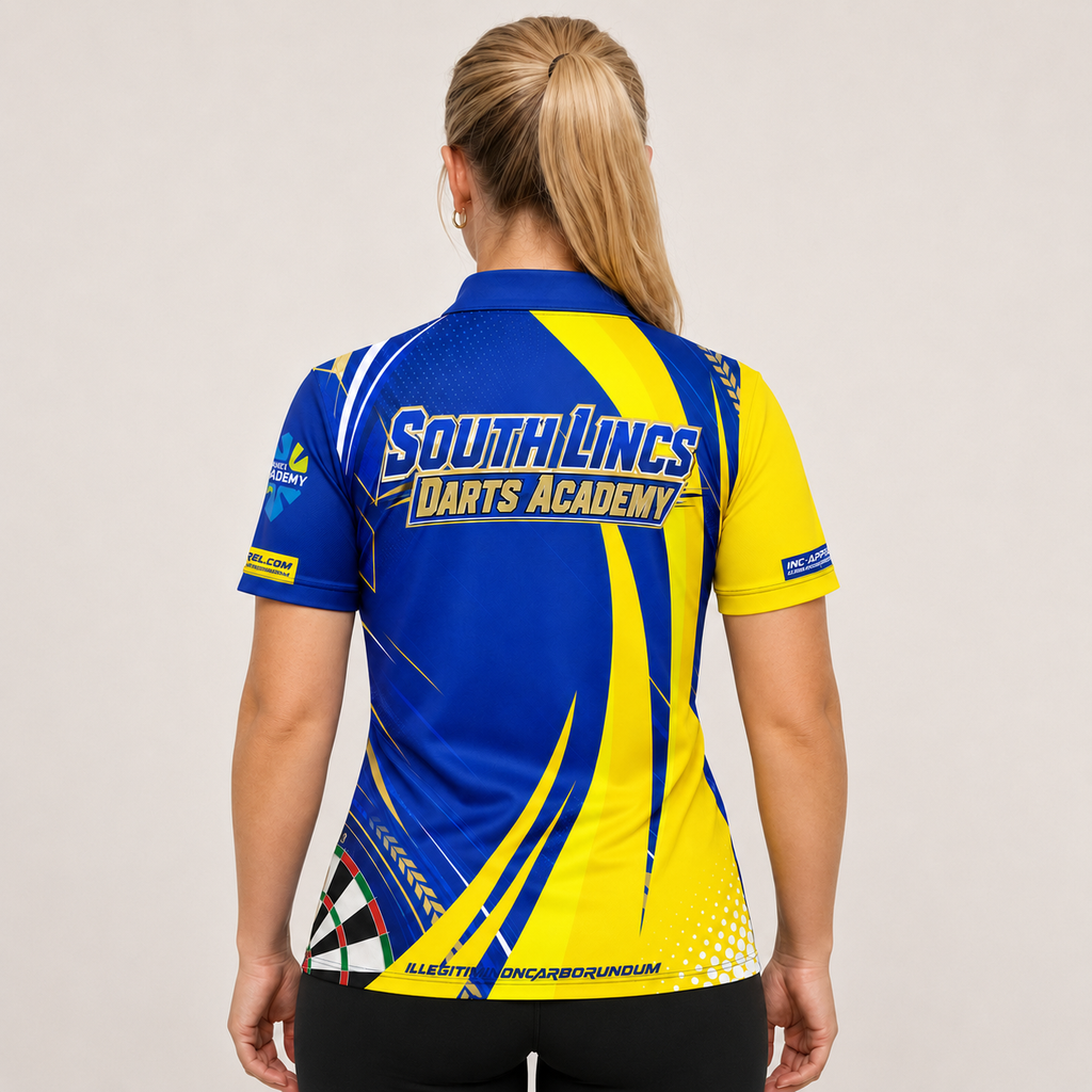 Back view of the Womens South Lincs Darts Academy shirt, showing the clean, continuous flow of the sublimated team design across the shoulders.