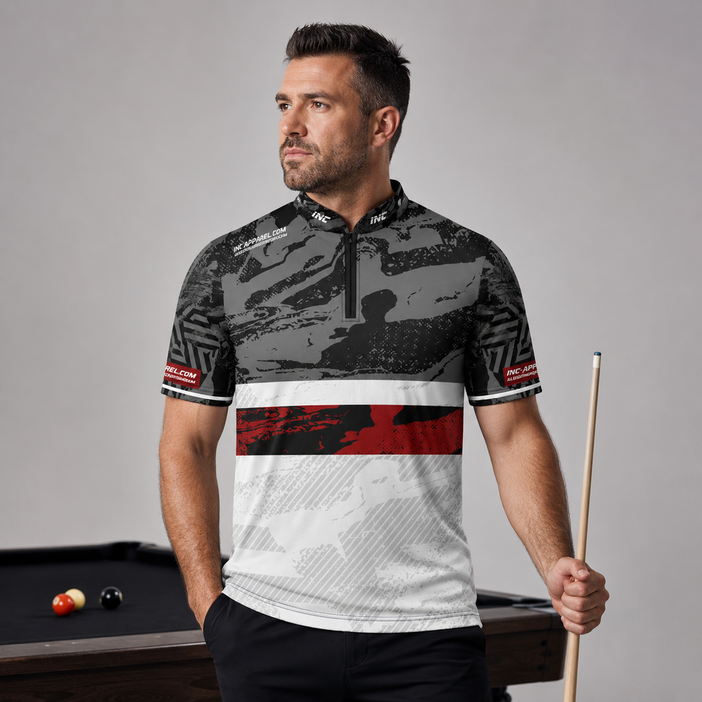 Front view of the Men and Youth Tacticus black pool and darts shirt, featuring a sharp, precision geometric team jersey design.