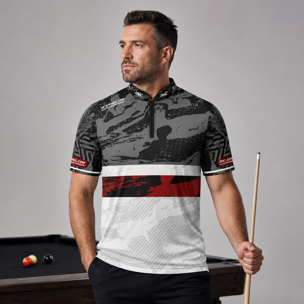 Front view of the Men and Youth Tacticus black pool and darts shirt, featuring a sharp, precision geometric team jersey design.