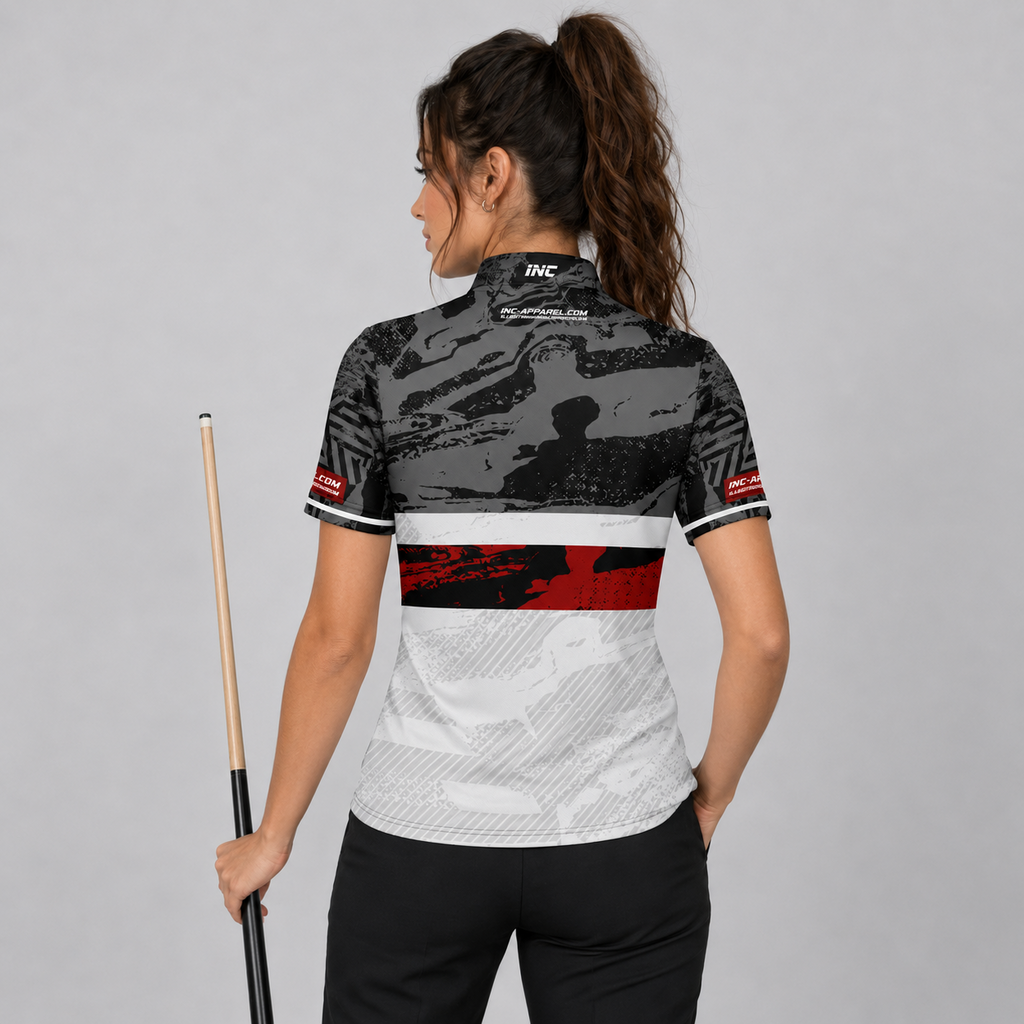 Back view of the Womens Tacticus black pool and darts shirt, showing the clean continuation of the sharp geometric pattern layout.