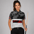 Front view of the Womens Tacticus black pool and darts shirt, featuring a custom tailored precision athletic jersey design.