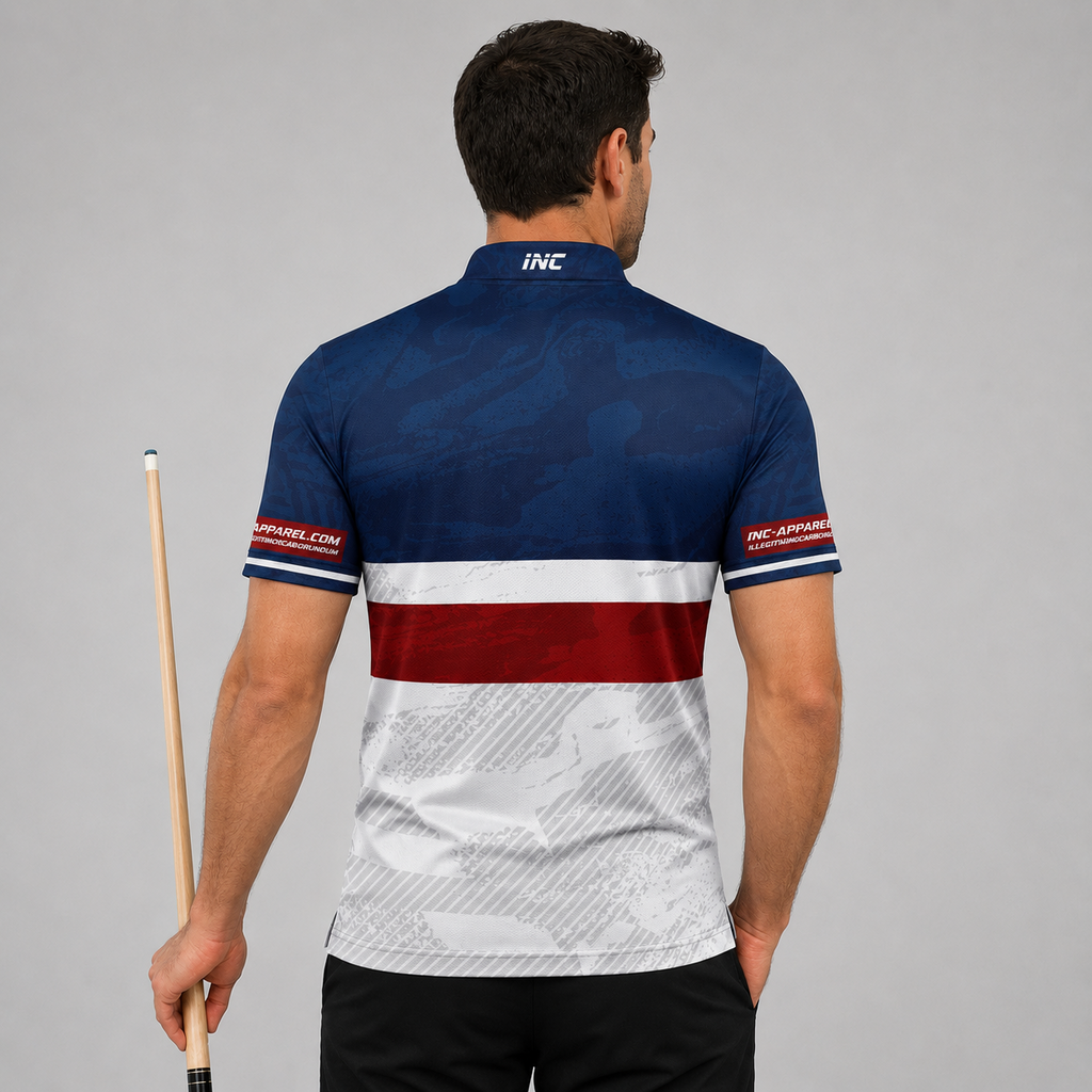 Back view of the Men and Youth Tacticus blue pool and darts shirt, showing the clean continuation of the bold athletic design pattern.