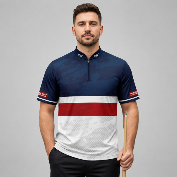 Front view of the Men and Youth Tacticus blue pool and darts shirt, featuring a sharp, precision geometric team jersey design.