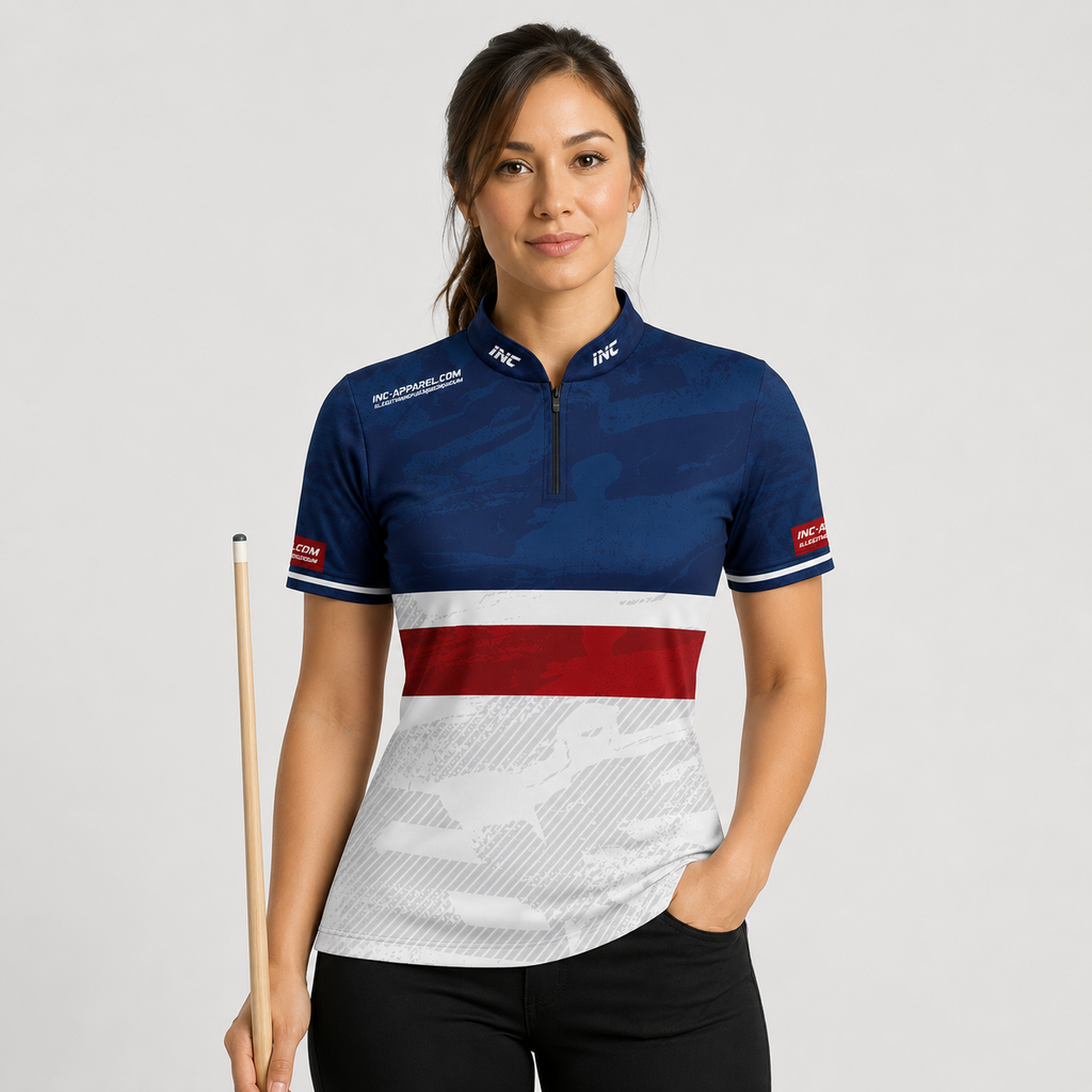 Front view of the Womens Tacticus blue pool and darts shirt, featuring a custom tailored precision athletic jersey design.