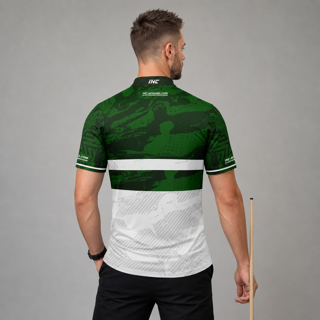 Back view of the Men and Youth Tacticus green pool and darts shirt, showing the clean continuation of the bold athletic design pattern.