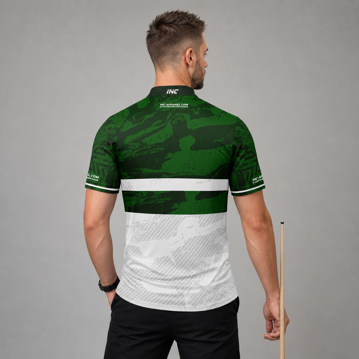 Back view of the Men and Youth Tacticus green pool and darts shirt, showing the clean continuation of the bold athletic design pattern.