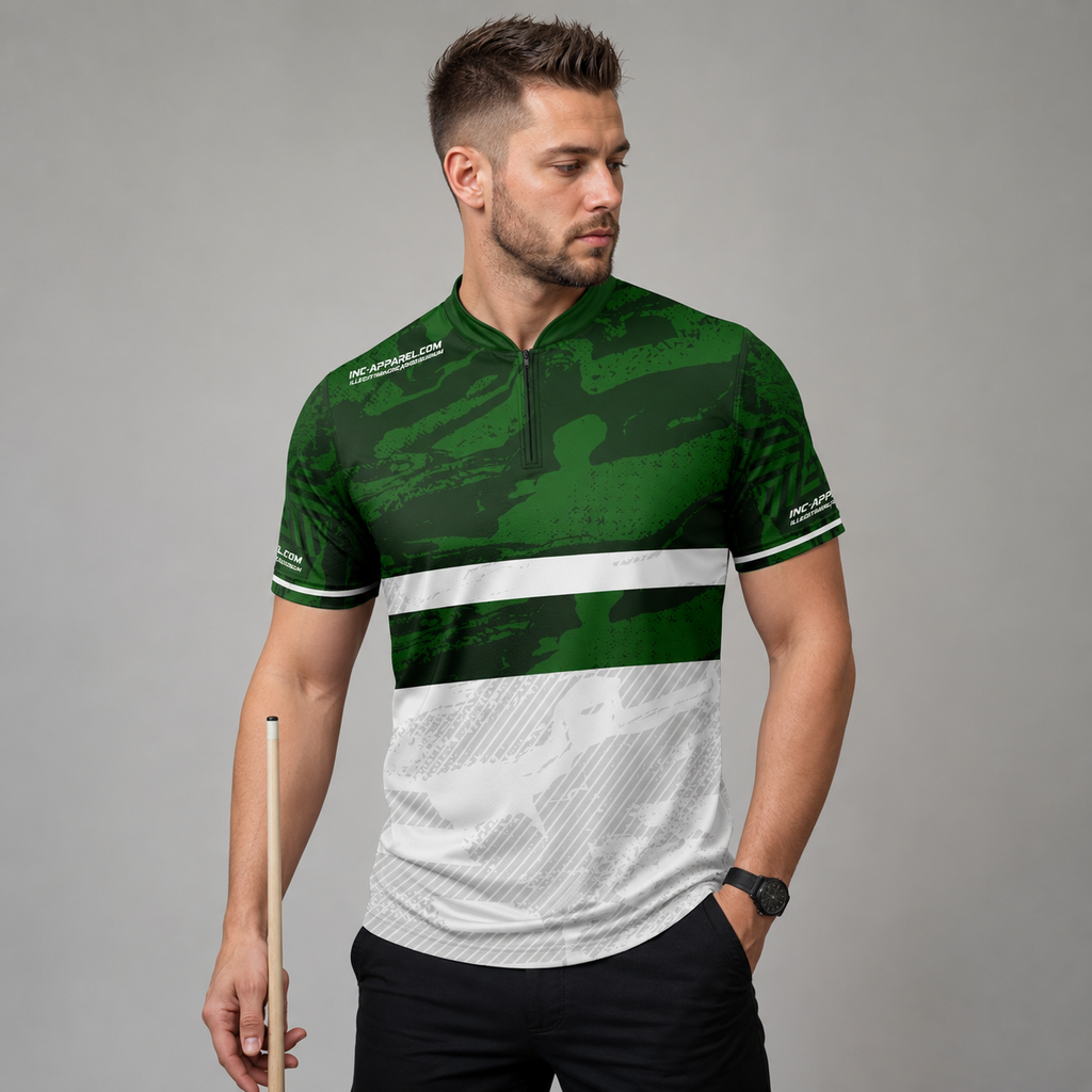 Front view of the Men and Youth Tacticus green pool and darts shirt, featuring a sharp, precision geometric team jersey design.