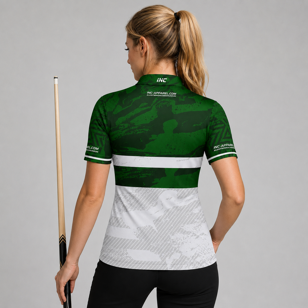 Back view of the Womens Tacticus green pool and darts shirt, showing the clean continuation of the sharp geometric pattern layout.