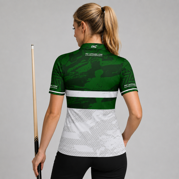 Back view of the Womens Tacticus green pool and darts shirt, showing the clean continuation of the sharp geometric pattern layout.