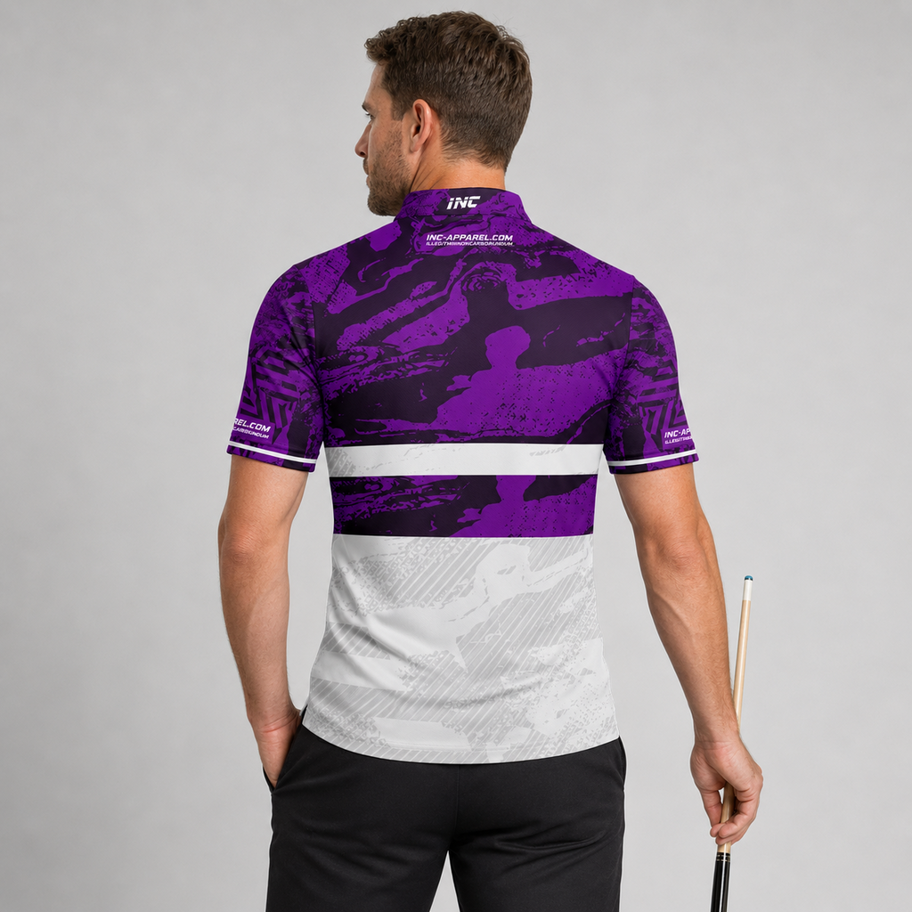 Back view of the Men and Youth Tacticus purple pool and darts shirt, showing the clean continuation of the bold athletic design pattern.