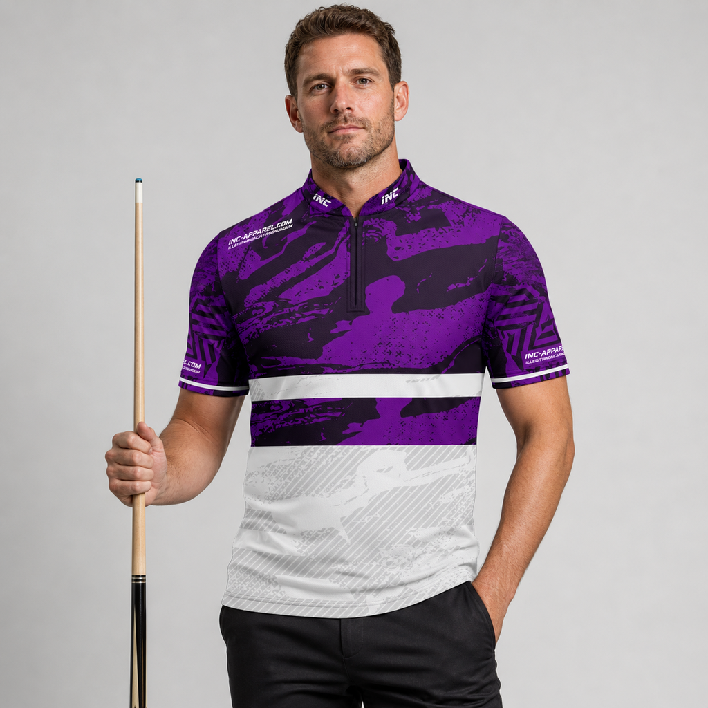 Front view of the Men and Youth Tacticus purple pool and darts shirt, featuring a sharp, precision geometric team jersey design.