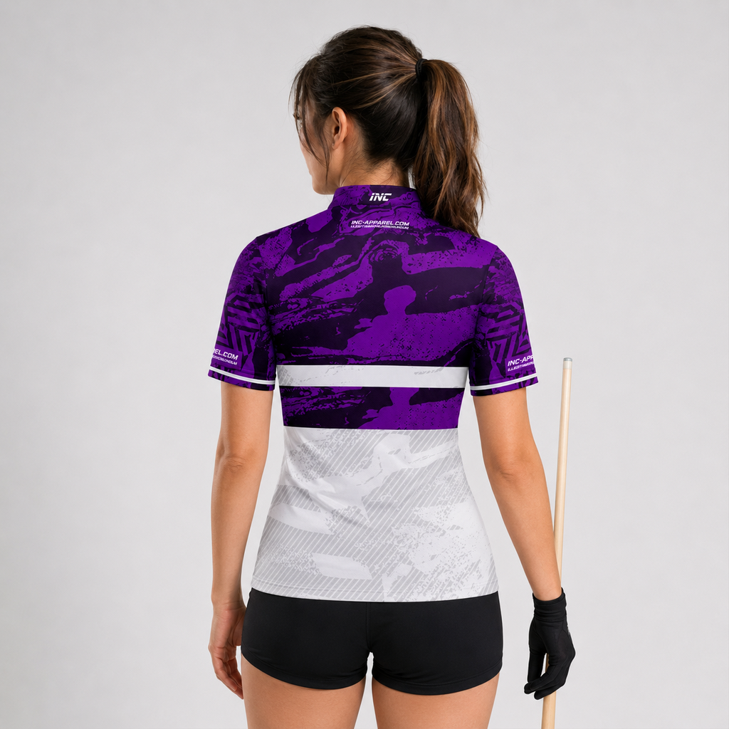 Back view of the Womens Tacticus purple pool and darts shirt, showing the clean continuation of the sharp geometric pattern layout.