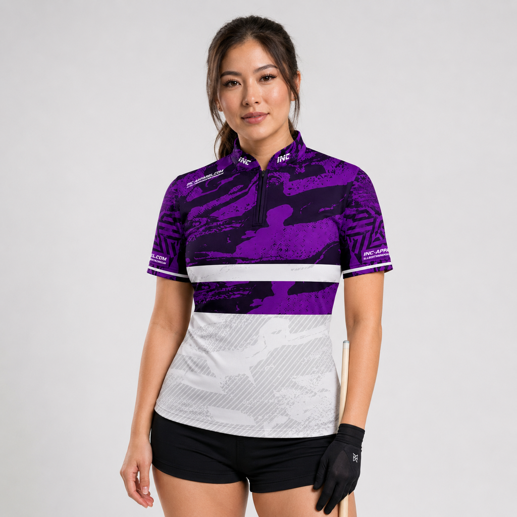 Front view of the Womens Tacticus purple pool and darts shirt, featuring a custom tailored precision athletic jersey design.
