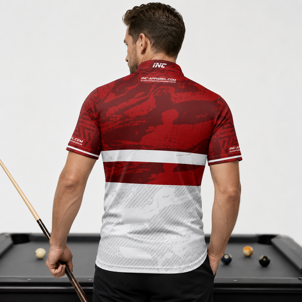 Back view of the Men and Youth Tacticus red pool and darts shirt, showing the clean continuation of the bold athletic design pattern.
