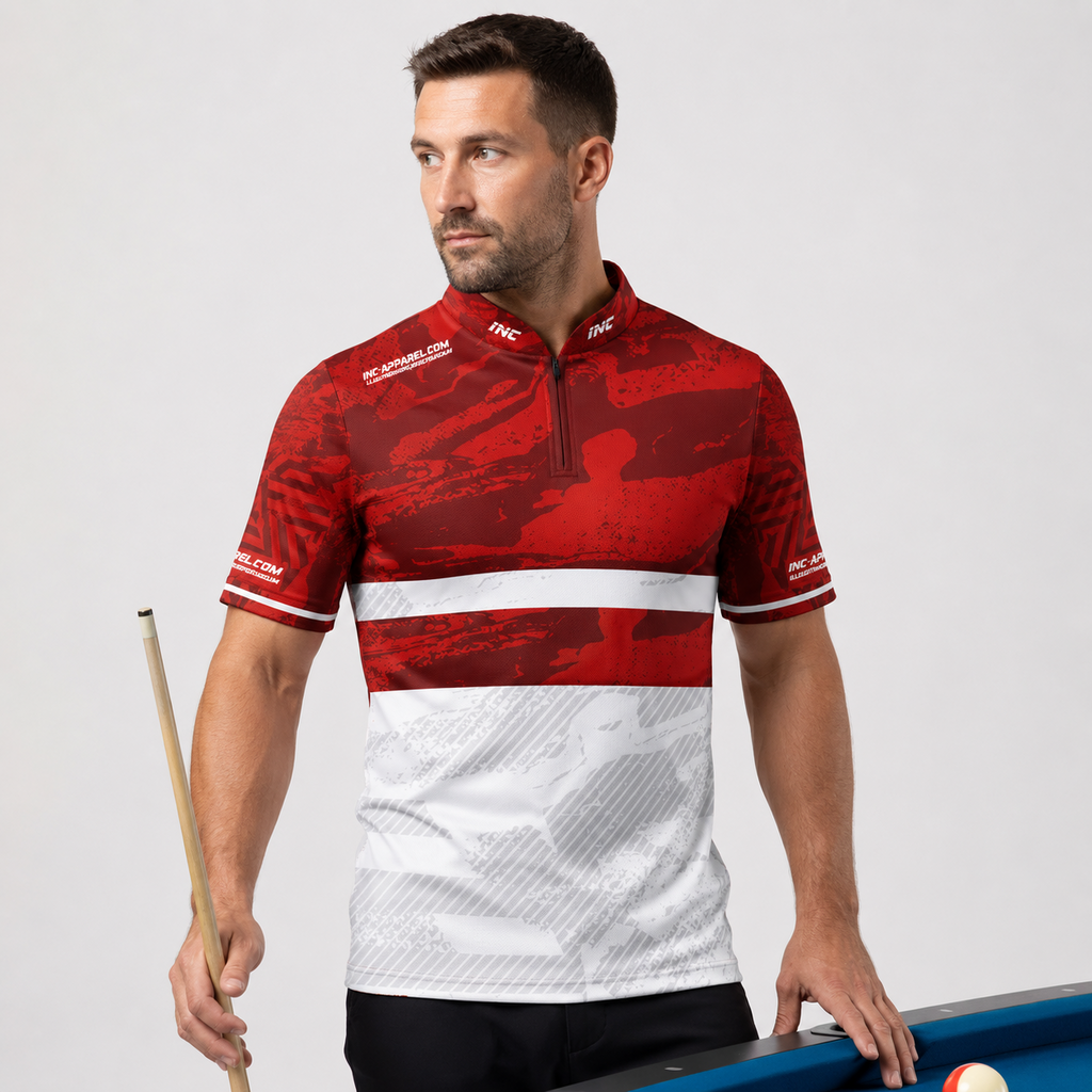 Front view of the Men and Youth Tacticus red pool and darts shirt, featuring a sharp, precision geometric team jersey design.