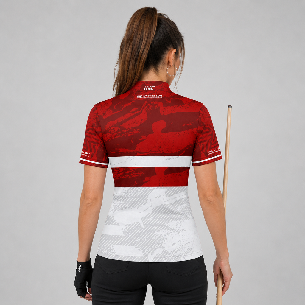 Back view of the Womens Tacticus red pool and darts shirt, showing the clean continuation of the sharp geometric pattern layout.