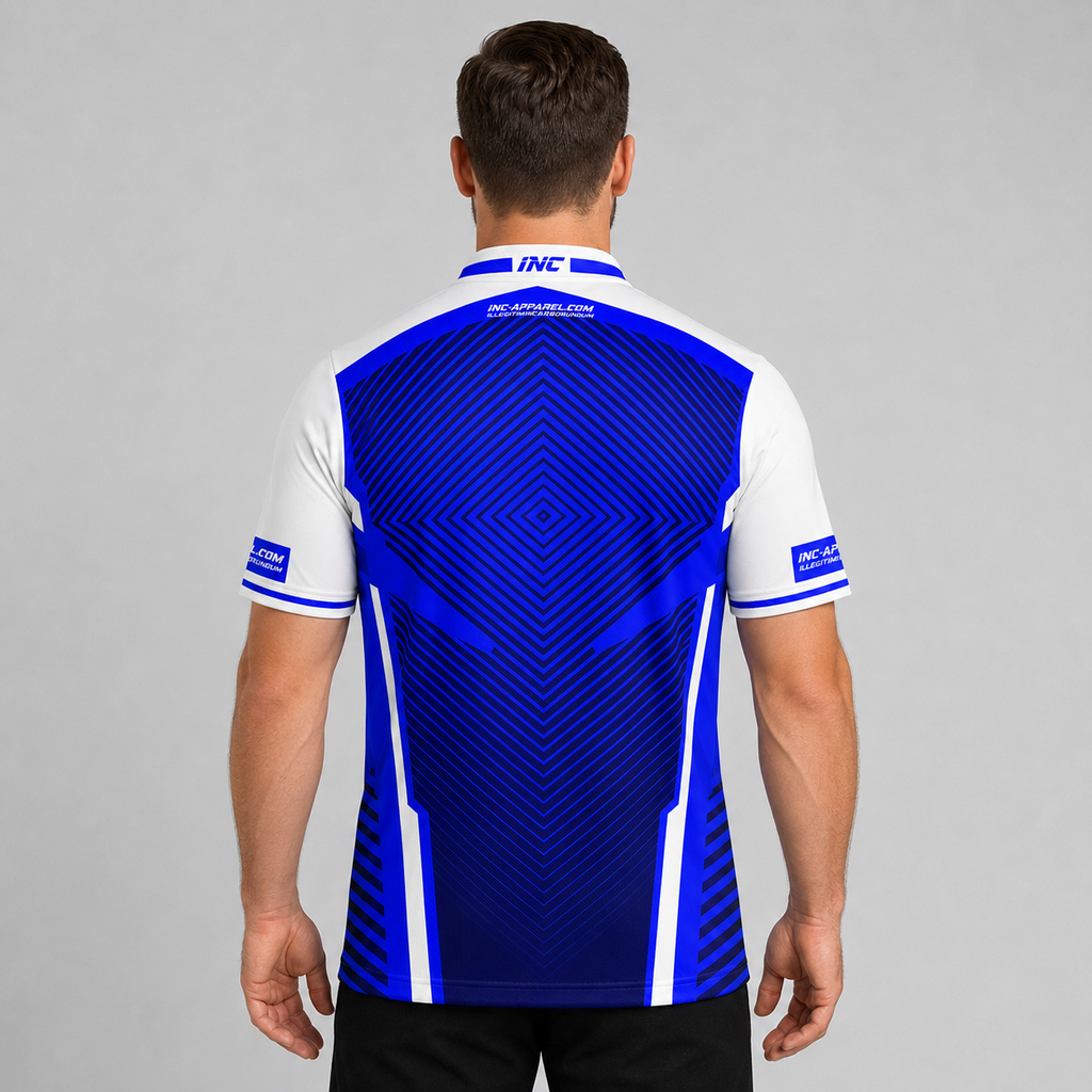Back view of the Men and Youth Terminare blue and white darts and pool shirt, showing the clean continuation of the athletic graphic pattern across the back.