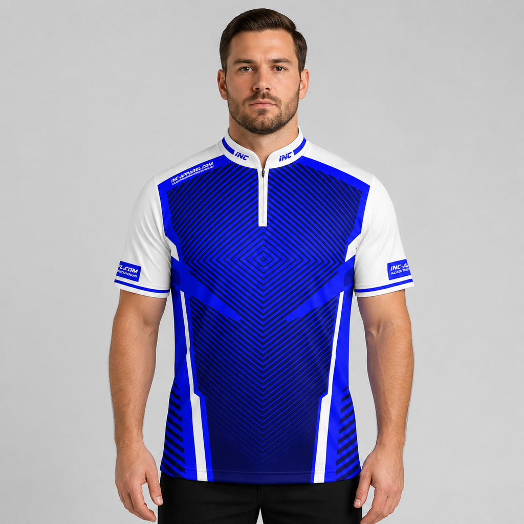 Front view of the Men and Youth Terminare blue and white darts and pool shirt, featuring a dynamic athletic jersey design with an elegant geometric pattern.