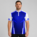 Front view of the Men and Youth Terminare blue and white darts and pool shirt, featuring a dynamic athletic jersey design with an elegant geometric pattern.