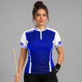 Front view of the Womens Terminare blue and white darts and pool shirt, featuring a custom tailored athletic jersey design with an elegant geometric pattern.