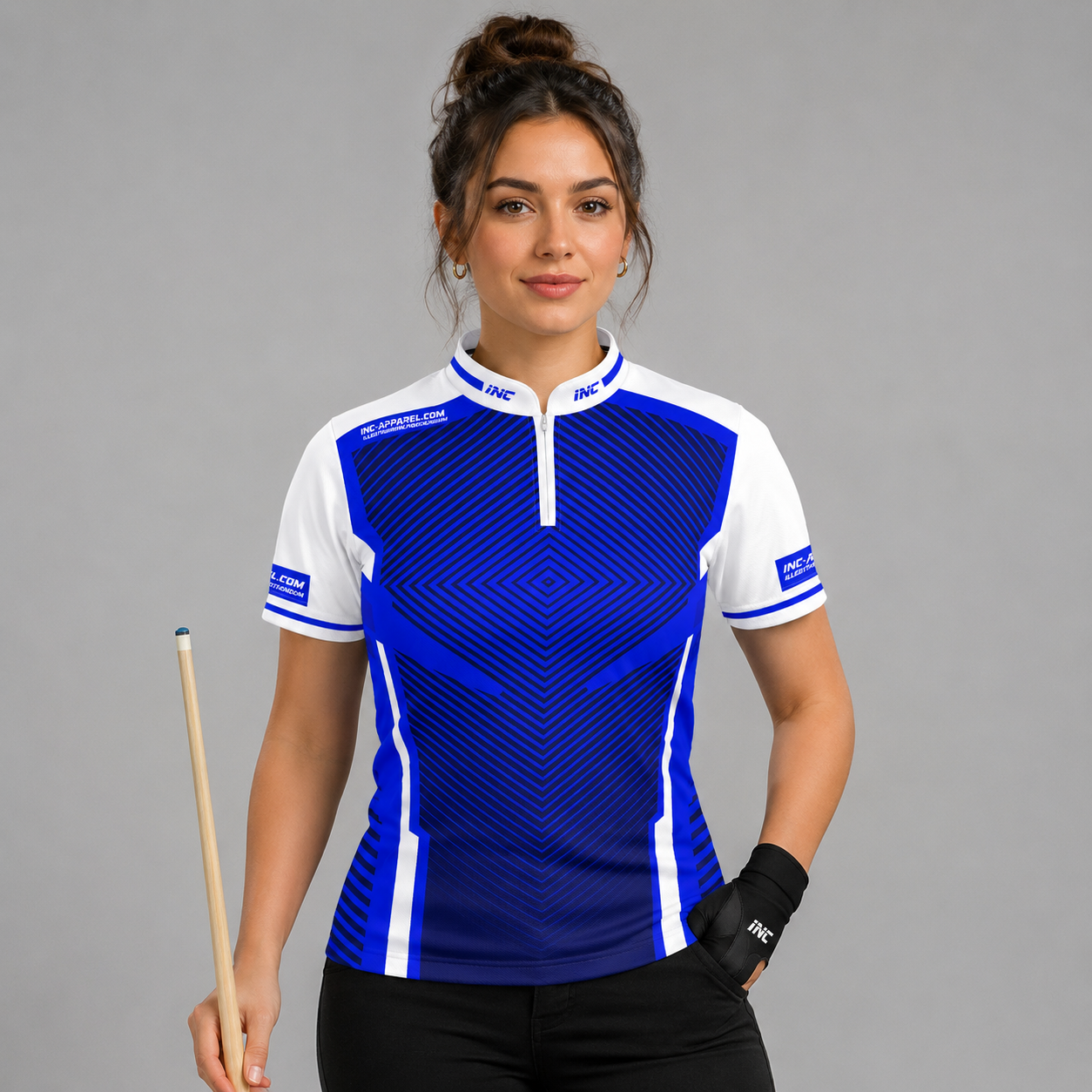 Front view of the Womens Terminare blue and white darts and pool shirt, featuring a custom tailored athletic jersey design with an elegant geometric pattern.
