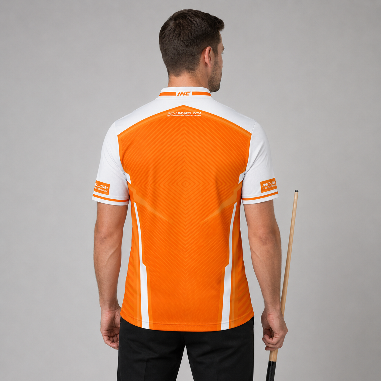 Back view of the Men and Youth Terminare orange and white darts and pool shirt, showing the clean continuation of the athletic graphic pattern across the back.