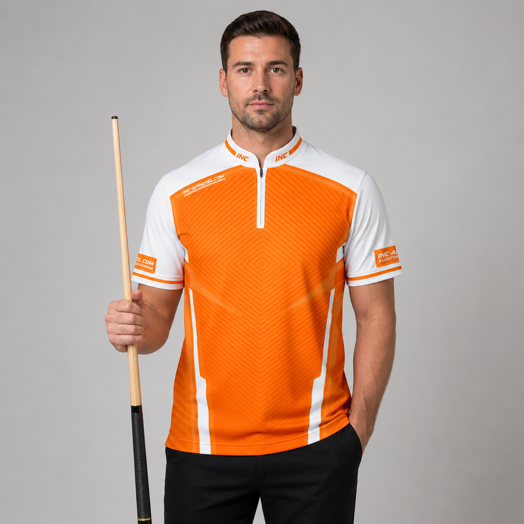 Front view of the Men and Youth Terminare orange and white darts and pool shirt, featuring a dynamic athletic jersey design with an elegant geometric pattern.