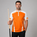 Front view of the Men and Youth Terminare orange and white darts and pool shirt, featuring a dynamic athletic jersey design with an elegant geometric pattern.