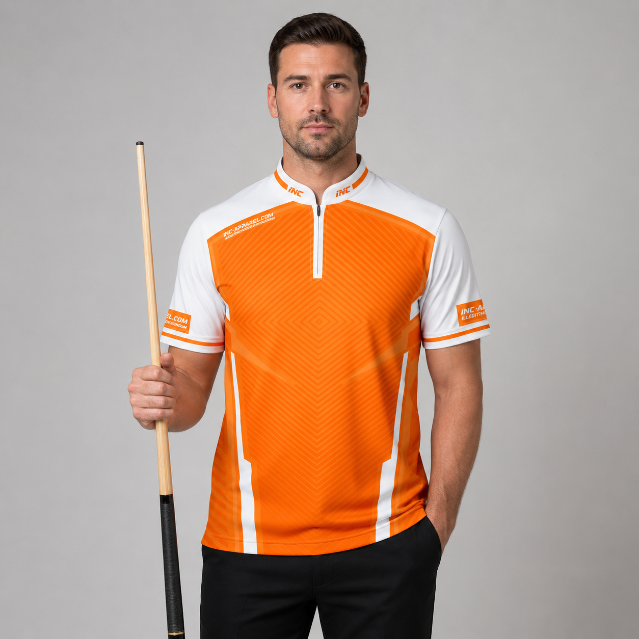 Front view of the Men and Youth Terminare orange and white darts and pool shirt, featuring a dynamic athletic jersey design with an elegant geometric pattern.